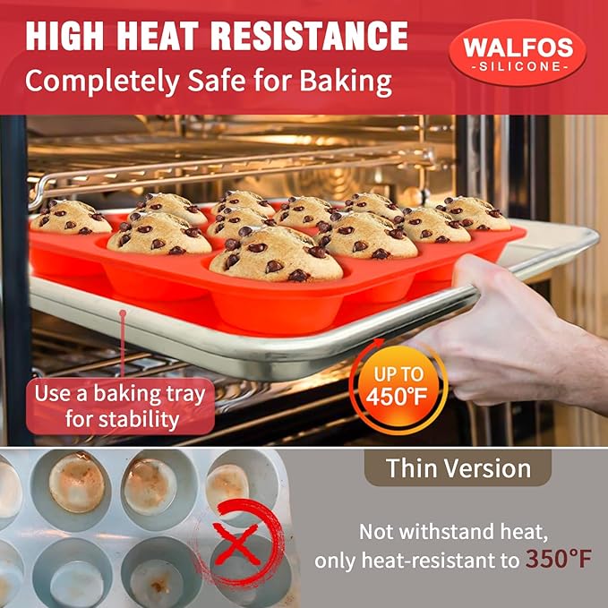 Walfos Muffin Pan Set - 12 Cups Regular Silicone Cupcake Pan, Non-stick and BPA Free, Great for Making Muffin Cakes, Tart, Fat Bombs - Dishwasher Safe, 2-Piece