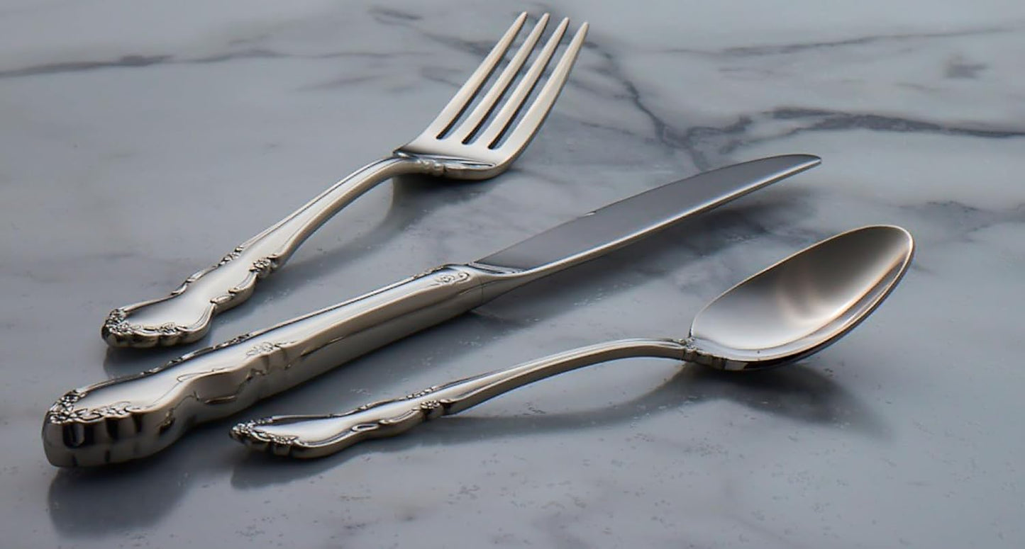 Oneida Silverware Set For 8, Dover 45-Piece Fine Flatware Set with Serving Utensils, Service For 8, 18/10 Stainless Steel, Ornate Pattern, Dishwasher Safe, Knives Spoons & Forks Set (Silver 45 Pieces)