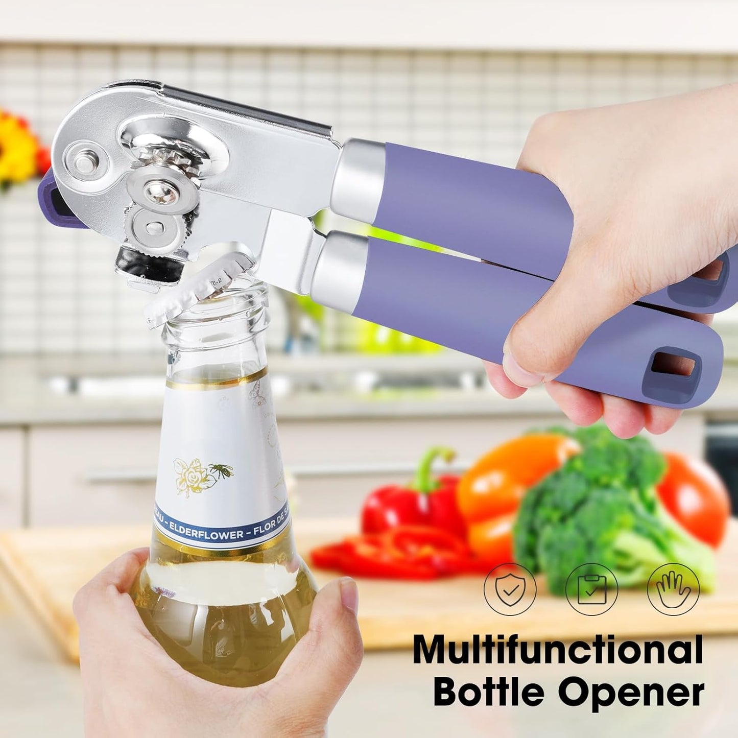 Beneno Can Opener Manual with Magnet, Hand Held Heavy Duty Can Opener with Durable Sharp Blade Smooth Edge, Big Effort-Saving Knob, Soft Grip Rubber Handle, Multifunctional Bottle Opener, Purple