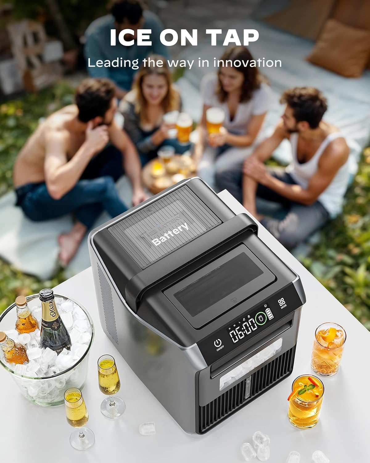 Silonn Battery-Powered Ice Maker with 4-Power, RV Ice Maker Countertop 12V/24V Car Charger 100-240V AC Solar-Ready, Portable Ice Machine 9 Cubes/6 Mins 22lbs/Day Auto-Clean for Camping RV Home Outdoor