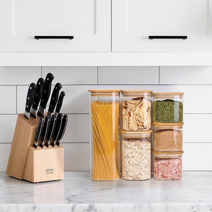 ComSaf Food Storage Containers with Airtight Lids Set of 6, Clear Glass Canister Food Jar with Sealing Lid Kitchen Pantry Storage Container for Spaghetti Pasta Sugar Flour Oat Cereal Beans, Square