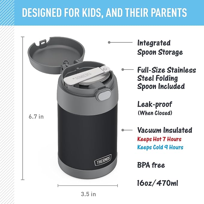 THERMOS FUNTAINER Insulated Food Jar, 16 Ounce, Kid Friendly Thermos Food Jar with Foldable Spoon, Matte Charcoal