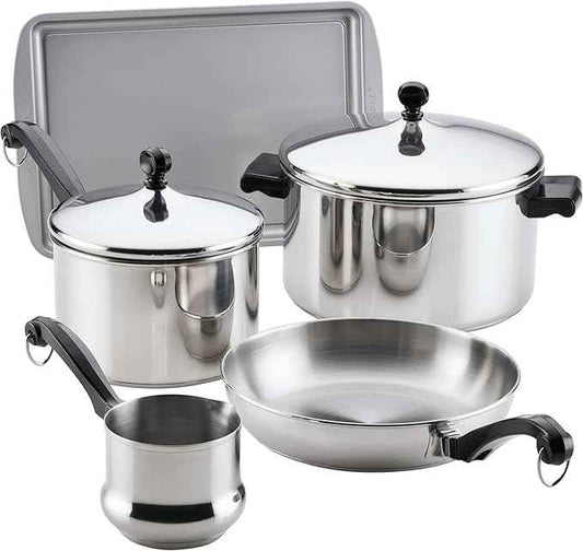 Farberware Classic Series Stainless Steel Pots and Pans with Baking Sheet Pan, Cooking Tools, and Lids, Induction Ready, Dishwasher Safe, 10 Piece Cookware Set, Metal Utensil Safe - Stainless Steel