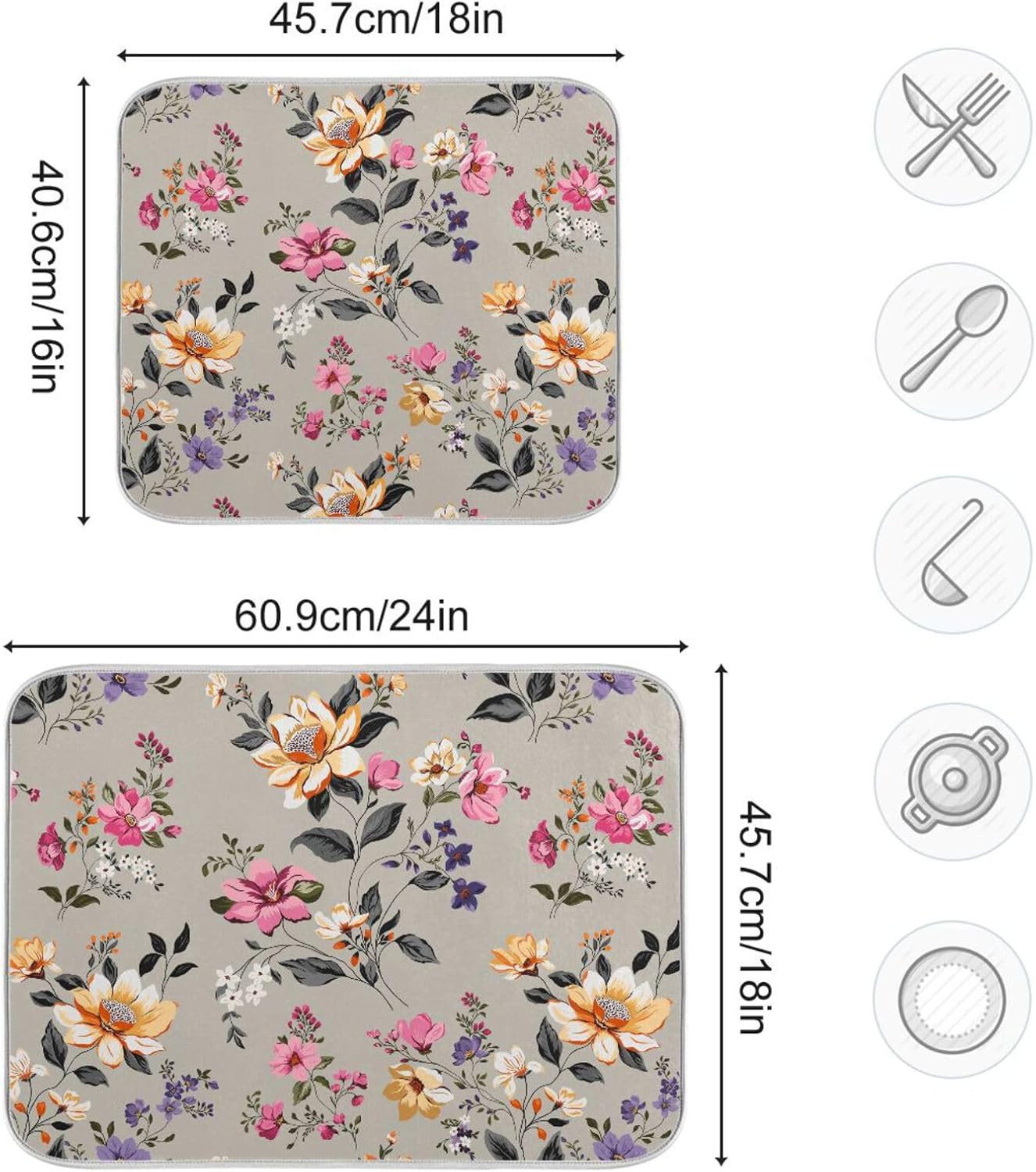 Vintage Flowers Leaves Dish Drying Mat for Kitchen Counter Absorbent Microfiber Drying Pad, Medium 16x18 in, Reversible Drainer Mats
