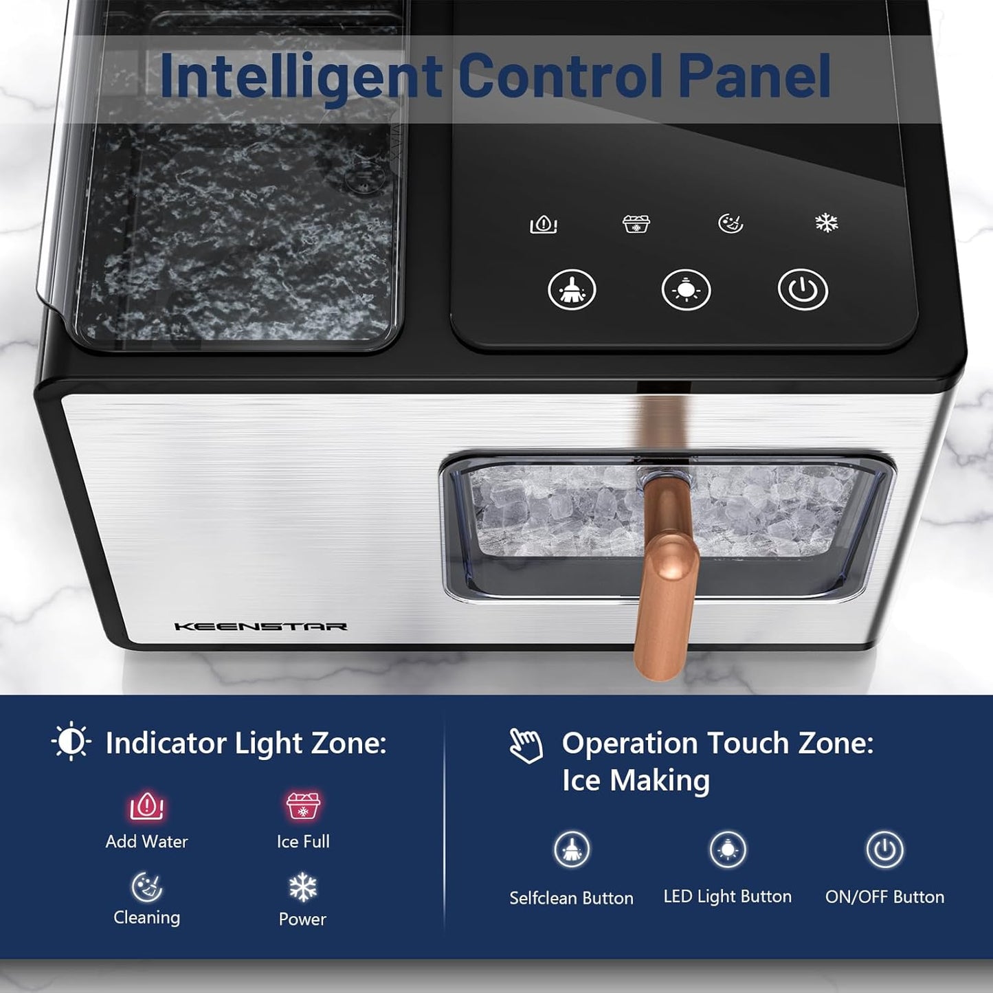 Nugget Ice Maker Countertop, 40lbs/24H, Pebble Ice Maker with Soft Chewable Ice, Self Cleaning Sonic Ice Machine, Stainless Steel w/Touch Screen for Home Office Bar Party- Silver