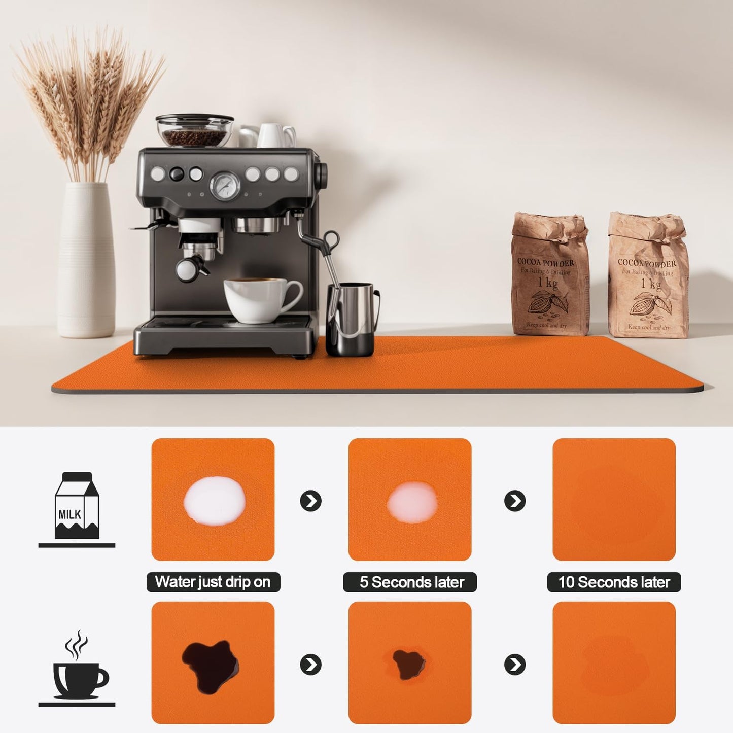 Dish Drying Mat for Kitchen Counter | Coffee Bar Mat for Countertops | Heat Resistant Drainer Mat with Non-slip Rubber Backed | Hide Stain Kitchen Absorbent Draining Mat | Orange 18"x32"
