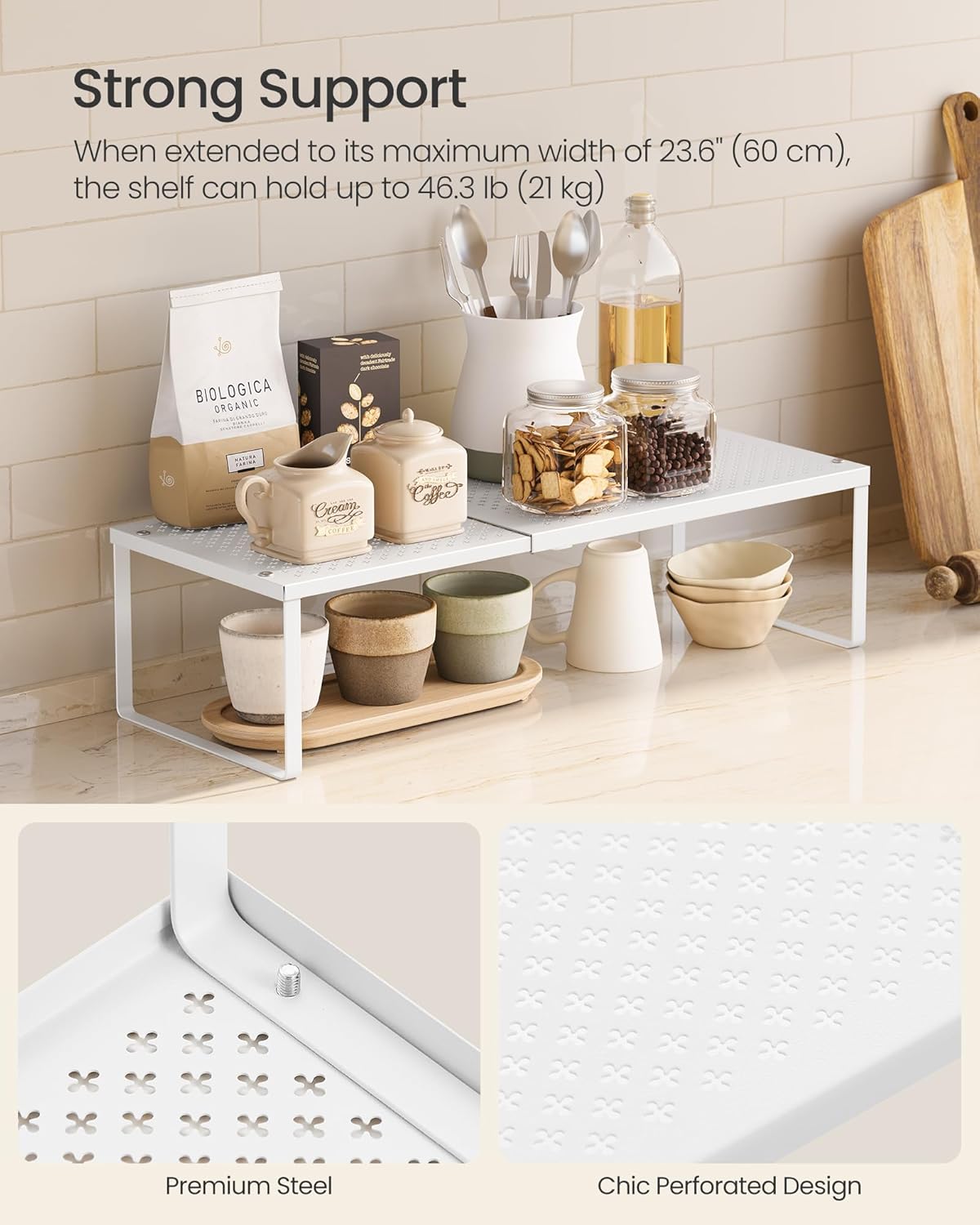 SONGMICS Expandable Pantry Kitchen Organizers, Adjustable Spice Rack, Stackable Cabinet Organizers, Metal, Space-Saving Tabletop Shelves, Matte White UKCS007W01