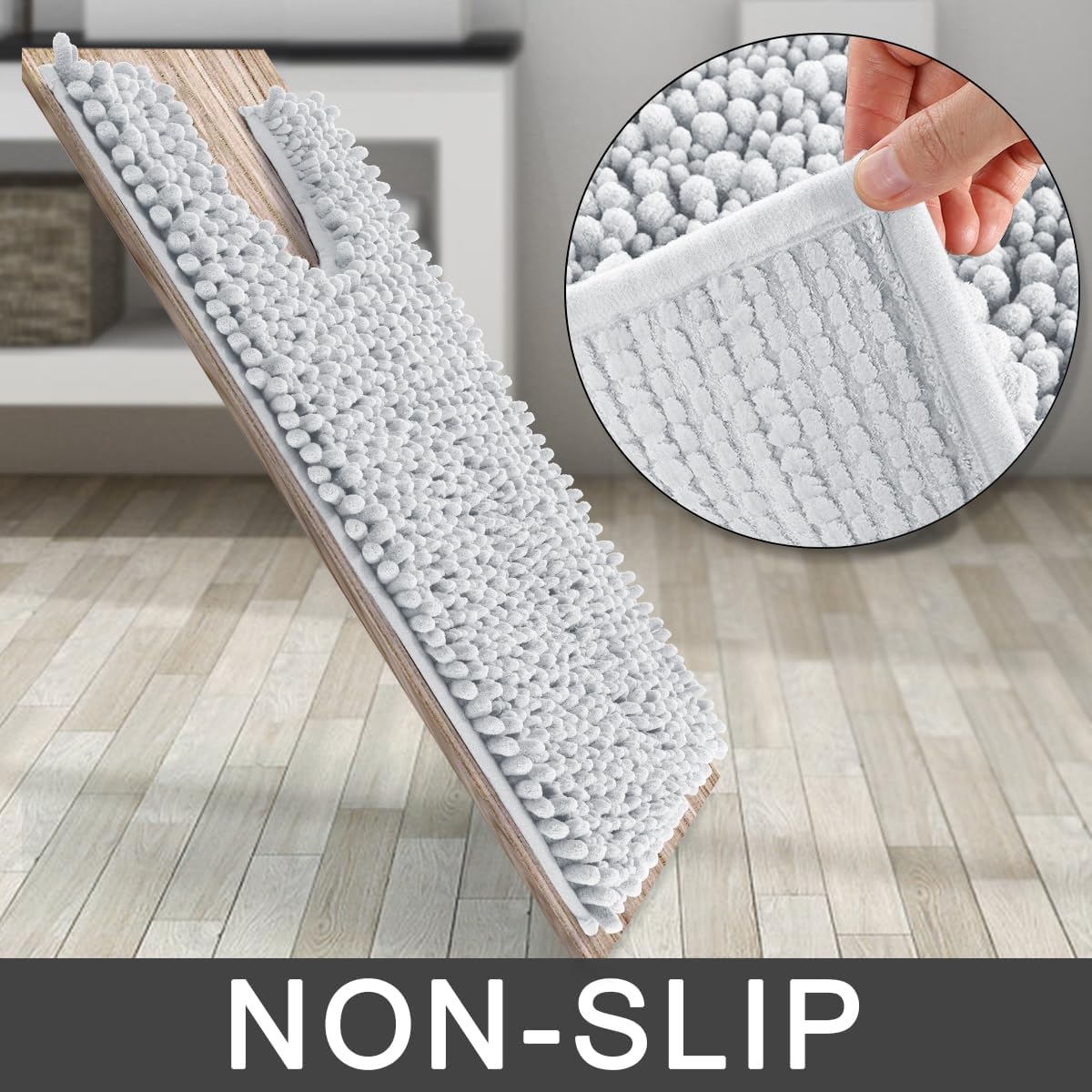 Yimobra Toilet Rug U Shaped Washable 24x20 Inch - Ultra Soft Absorbent Chenille Bath Rugs for Toilet, Quick Dry & Machine Washable, Non Slip Contour Bathroom Mat, Silver