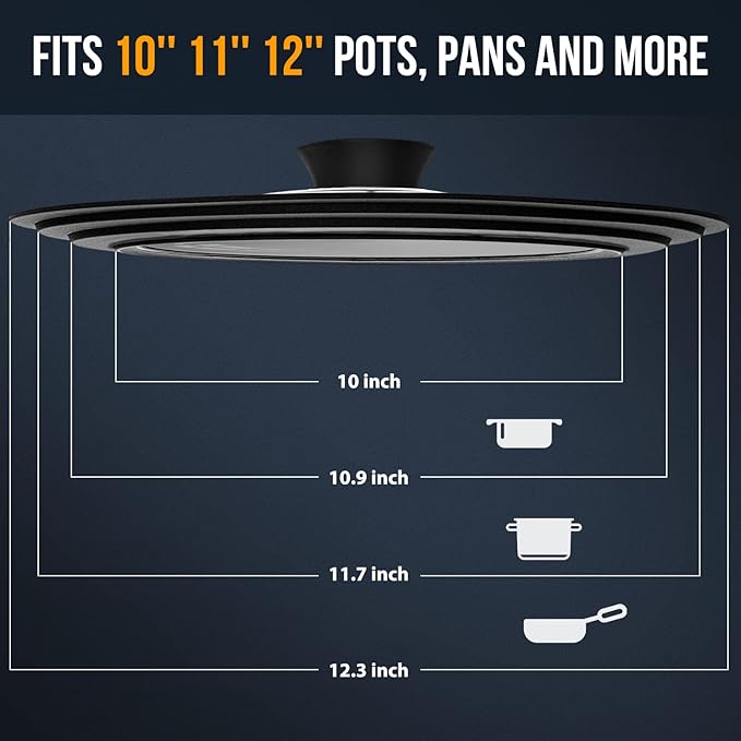 Universal Lid for Pots, Pans and Skillets - Tempered Glass with Heat Resistant Silicone Rim, Fits 10", 11" and 12" Diameter Cookware, Round