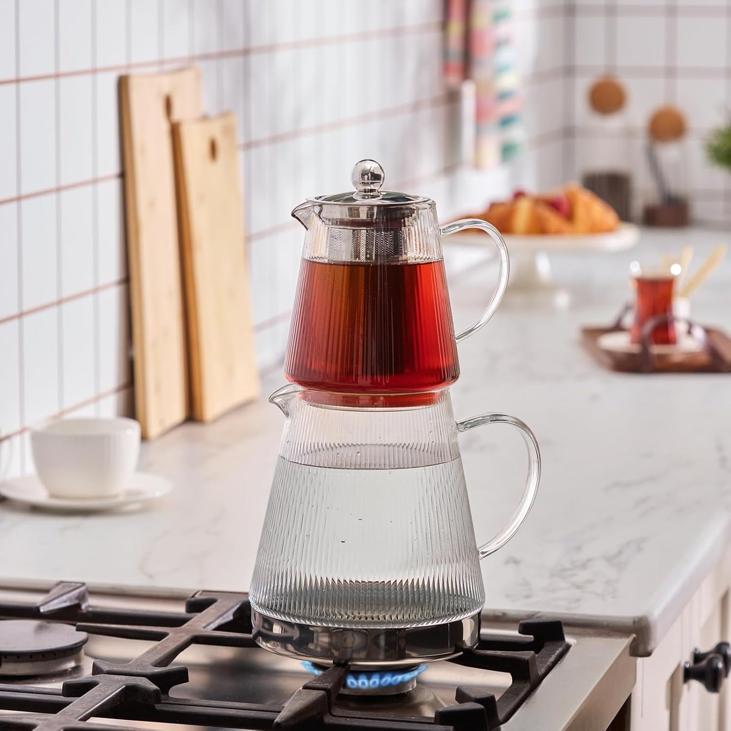 Karaca Keops XL Borosilicate Glass Teapot with Infuser and Lid for Stovetop, Transparent Silver, 1L Tea Pot & 2L Tea Kettle Set for Loose Leaf & Herbal, Dishwasher Safe