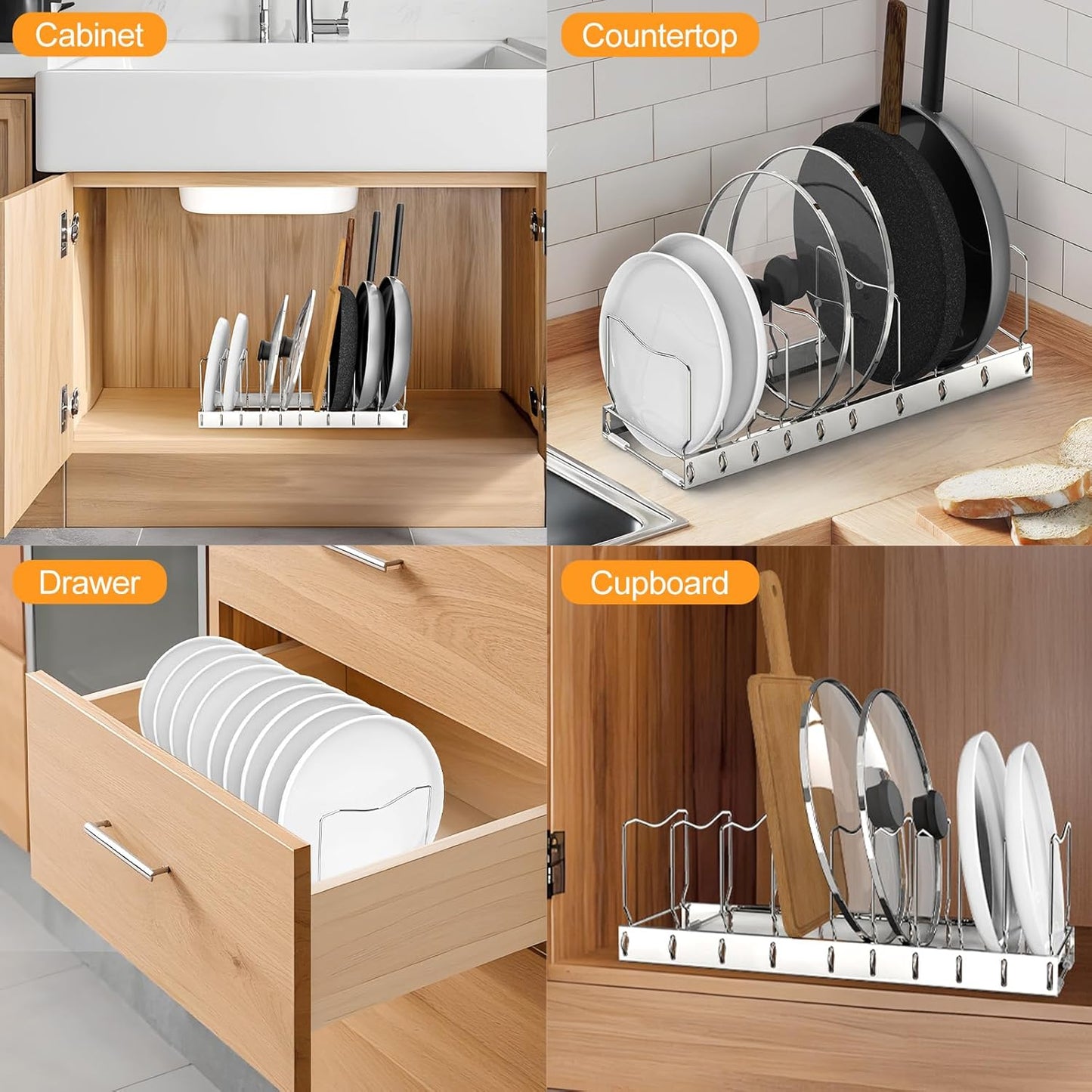 FLSEPAMB 2 Pack 10-Tier Pan Organizer Adjustable Lid Organizer Kitchen Organizers and Pan Organizer and Storage Pot Heavy Duty Pot Lid Organizer for Kitchen Under Sink Storage Drawer