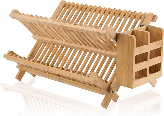 NOVAYEAH Bamboo Dish Drying Rack-2 Tier, Collapsible Small Dish Rack with Utensil Holder, Wooden Drying Rack for Kitchen Counter, Apartment Essentials Kitchen Plate Holder Organization 34 pcs Grid