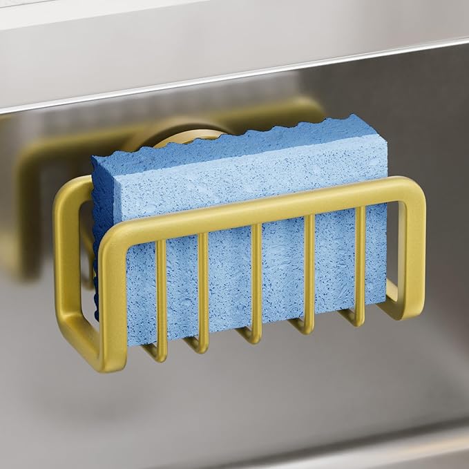 TAILI Sponge Holder for Kitchen Sink with Strong Suction Cup, Rustproof Aluminum Sink Caddy for Sponges, Removable Sponge Holder, Dish Brush for Scraper - Gold