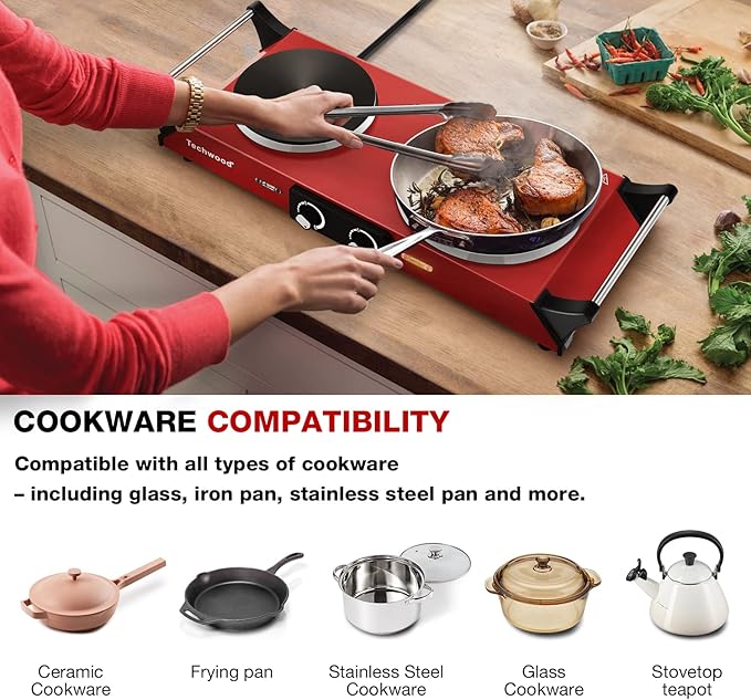 Hot Plate, Techwood 1800W Portable Electric Stove for Cooking Countertop Dual Burner with Adjustable Temperature & Stay Cool Handles, 7.5” Cooktop for Home/RV/Camp, Compatible for All Cookware, Red