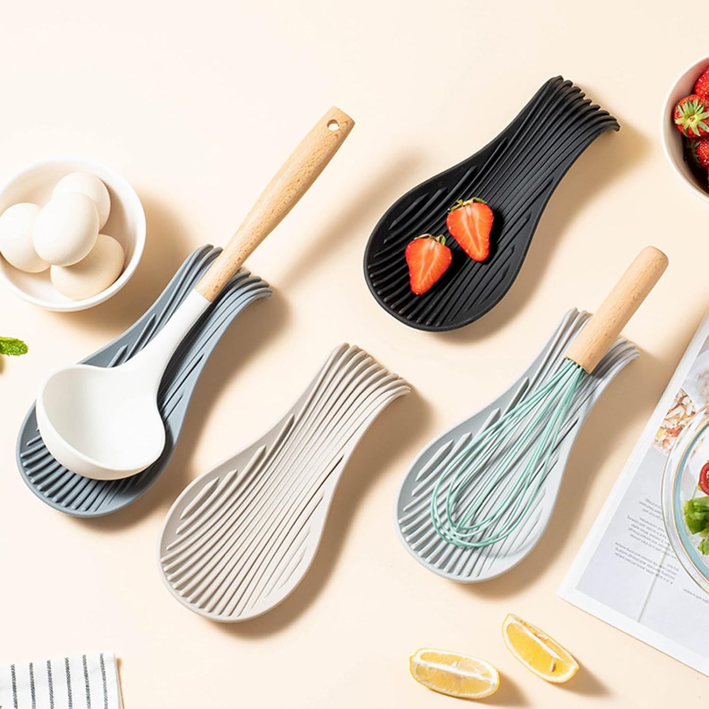 Stove Top Spoon Rest - Heat Resistant & Non-Slip Silicone Holder for Kitchen Counter, Large Cooking Utensil Rest(Khaki)