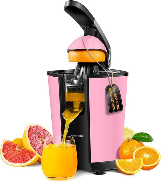 Electric Orange Juicer, Citrus Juicer Squeezer with 2 Cones and Soft Grip Handle for Effortless Juicing, Stainless Steel Quiet Orange Juice Extractor Machines for Lime Grapefruit Lemon, Pink