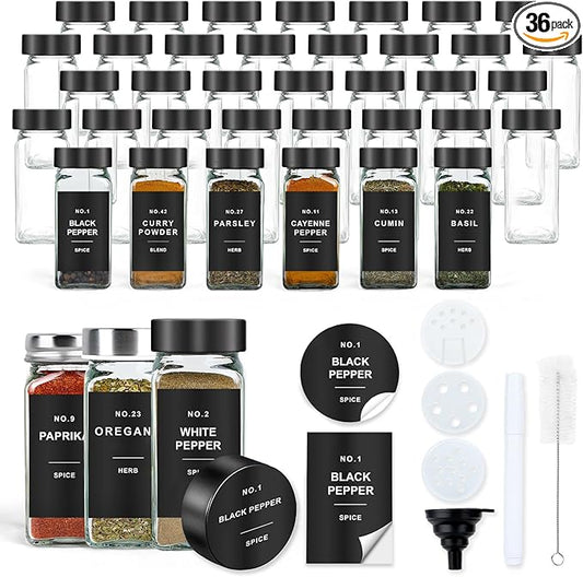 Spice Jars with Label, 36pcs 4oz Glass Spice Jars with Black Lids, Square Spice Containers with 304 Labels and Shaker Inserts, Empty Seasoning Bottles for Drawer, Cabinet, Seasoning Organizer