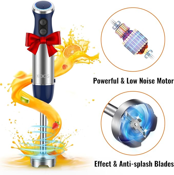 KOIOS 5-in-1 Hand Immersion Blender, 12 Speed Adjustable Emulsifier Handheld Blender, 1000W Copper Motor Stainless Steel Blade Hand Mixer with attachments, Blue