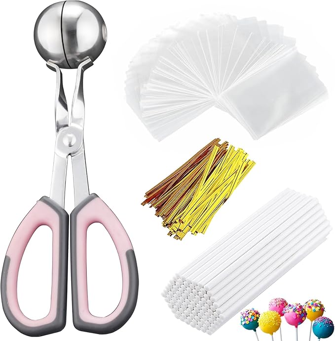 Cake Pop Kit, 100 Cake Pop Sticks, 100 Cake Pop Bags, 100 Twist Ties, 1 Cake Pop Mold Roller, Cake Pop Maker for Cakepops, Lollipop, Candies, Chocolates and Cookies