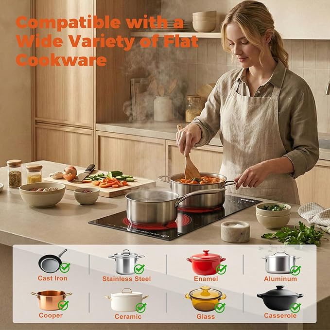 TOPWISH 12 Inch Electric Cooktop, 2 Burners Built-in Electric Stove Top Hot Plate, Drop-in Ceramic Cooktop Kitchen Stoves with Touch Control, Safety Lock, Timer, Overheat Protection, 120V Plug in