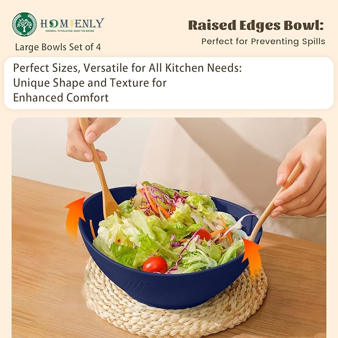Homienly Wheat Straw Bowls, 9.6 inch Salad Bowls, Large Serving Dishes for Wedding Parties, Camping, 60 OZ Bowl Set for Salad, Popcorn, Oval Shape, Microwave & Dishwasher Safe, Set of 4, Dark Blue