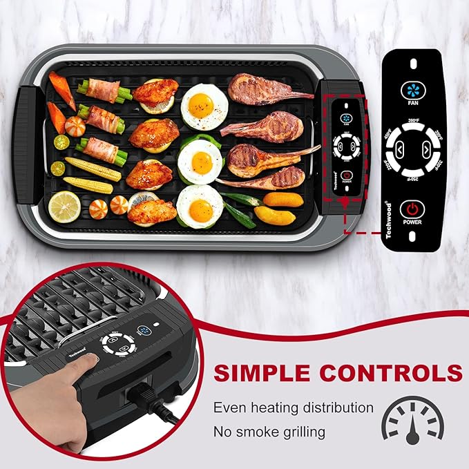 Techwood Indoor Grill Smokeless Grill, 1500W Indoor Korean BBQ Electric Tabletop Grill with Tempered Glass Lid, Removable Grill and Griddle Plates with Drip Tray, Gray