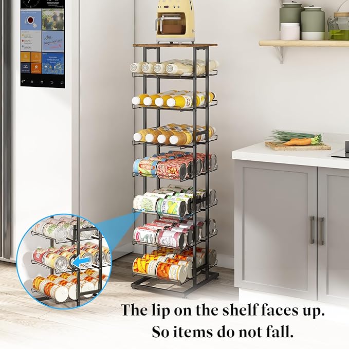 GILLAS 8 Tier with Wooden Top Water Bottle Storage with Wooden Tabletop,Metal Beverage Can Rack,Large Capacity Bottled Rack Water Bottle Holder Stand for Cabinet,Countertop Kitchen,Party,Black