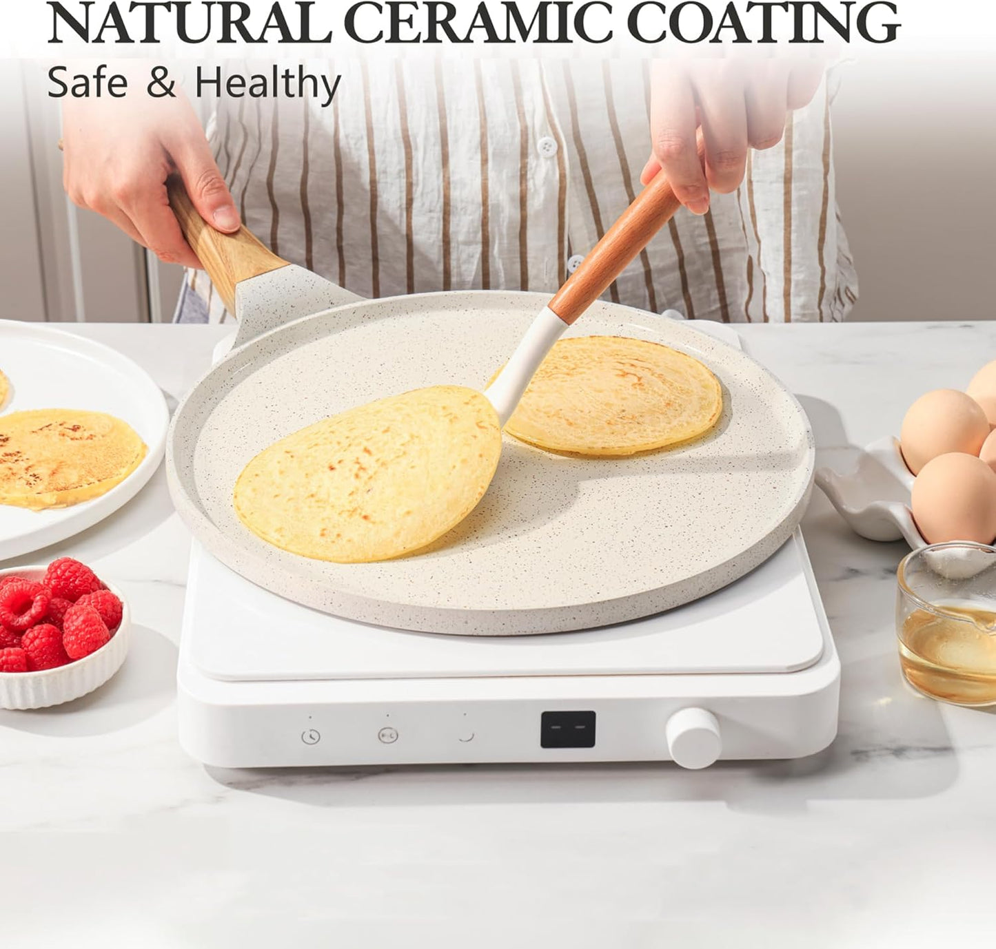 SENSARTE Nonstick Crepe Pan with Spreader, 12-Inch Natural Ceramic Coating Dosa Pan Pancake Flat Skillet Tawa Griddle with Stay-Cool Handle, Induction Compatible (White)