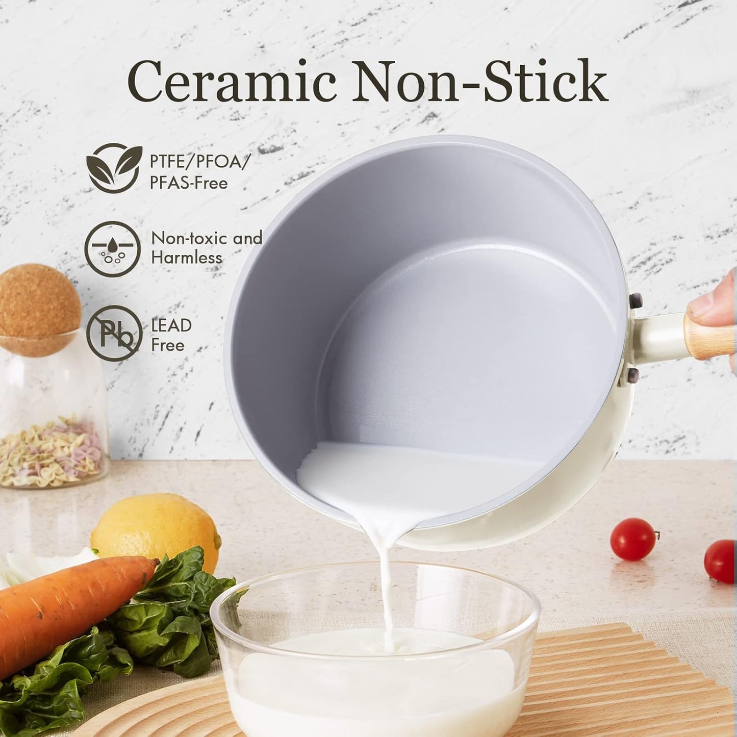 ROCKURWOK Ceramic Nonstick Sauce Pan with Lid, 2 Quart Cooking Pot, Small Saucepan with Steamer, PTFE & PFAS-Free, Wooden Handle for Cool Touch, Universal Base(Gas, Electric & Induction), White