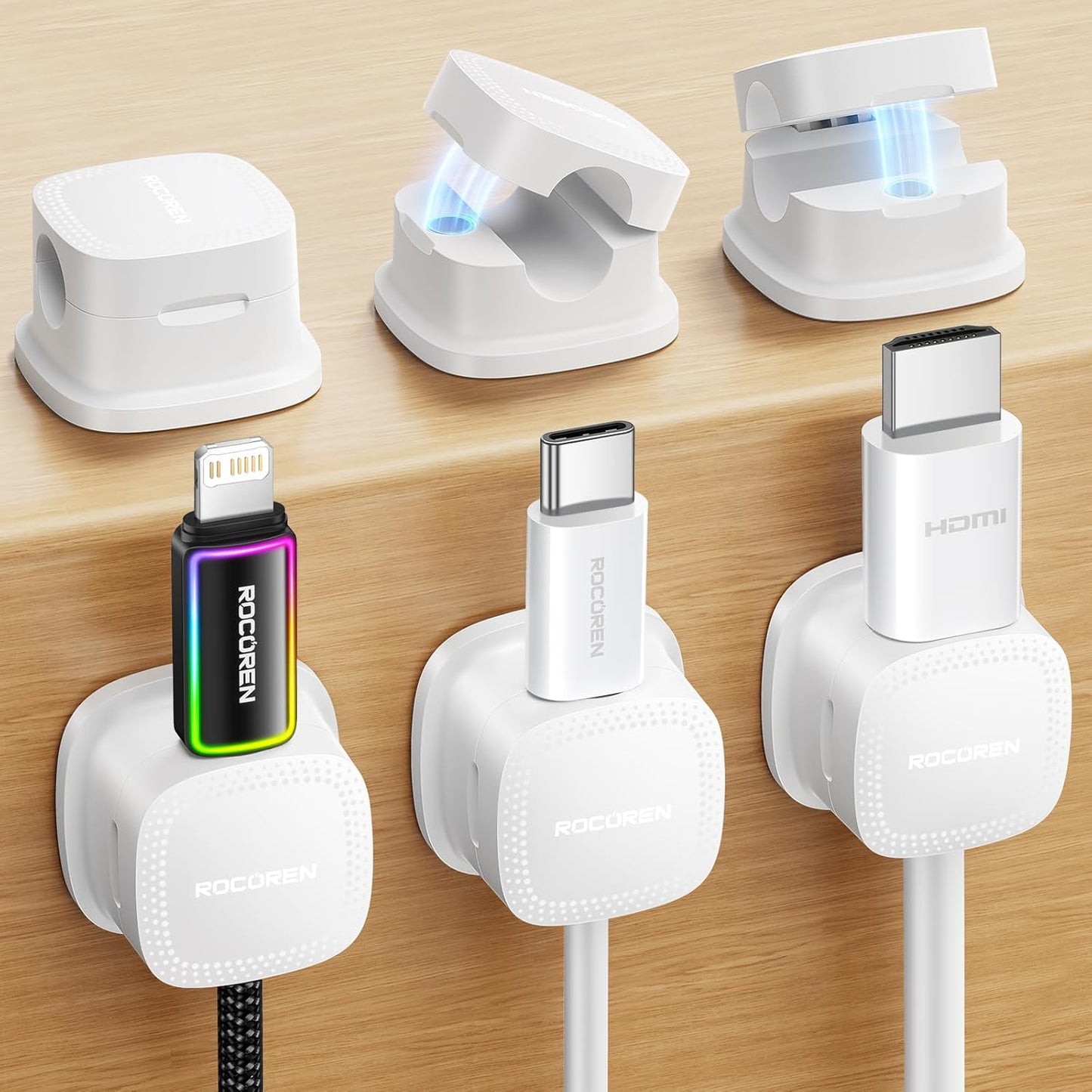 6-Pack Magnetic Cable Clips Cord Organizer-Cable Smooth Adjustable, Rocoren Desk Cable Management Accessories,Cable Holder Clips Wire Holder Keeper for Desktop,Nightstand,Home Office,Workspace,Phone
