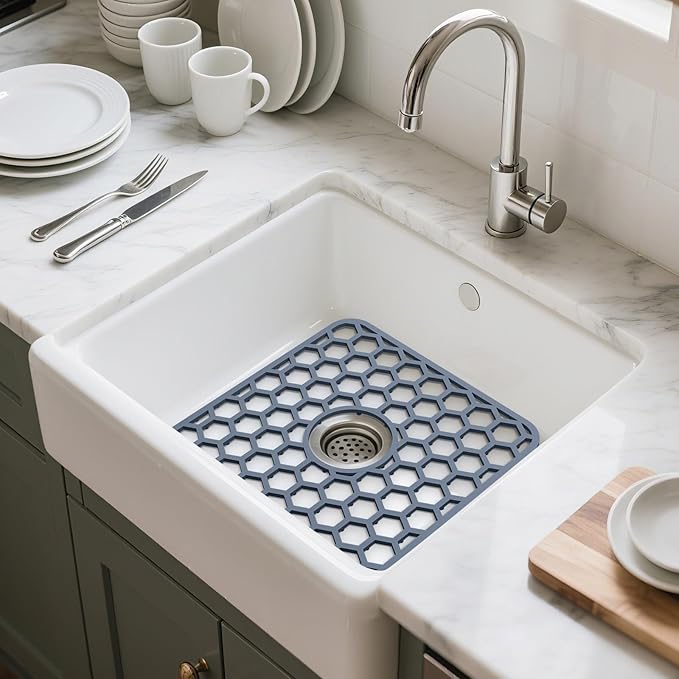 Bestjing 2 Pack Silicone Sink Protectors for Kitchen Sink with Center Drain - 12" x 11" Kitchen Accessory, Non-Slip Heat-Resistant Mat for Bottom of Porcelain Stainless Steel, Dishwasher Safe