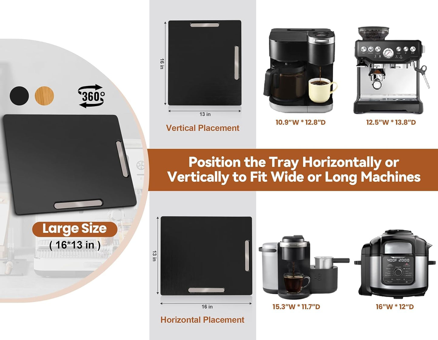 Joy&Grace Appliance Slider for Kitchen Appliances 360° Rolling Sliding Tray for Coffee Maker Countertop, Bamboo Coffee Pot Slider Rolling Tray with Universal Rollers (Black, Large 16"x13")