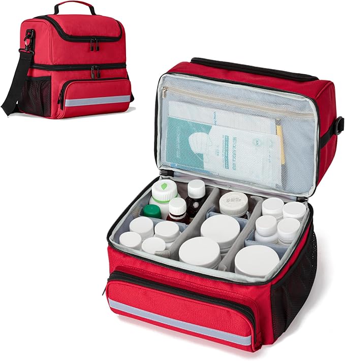 CURMIO Double Layers Medicine Storage Bag, Pill Bottle Organizer Bag with Inner Dividers, Medication Travel Bag for Vitamins, Supplements, Prescription Bottles, Medical Supplies, Red (Patent Design)