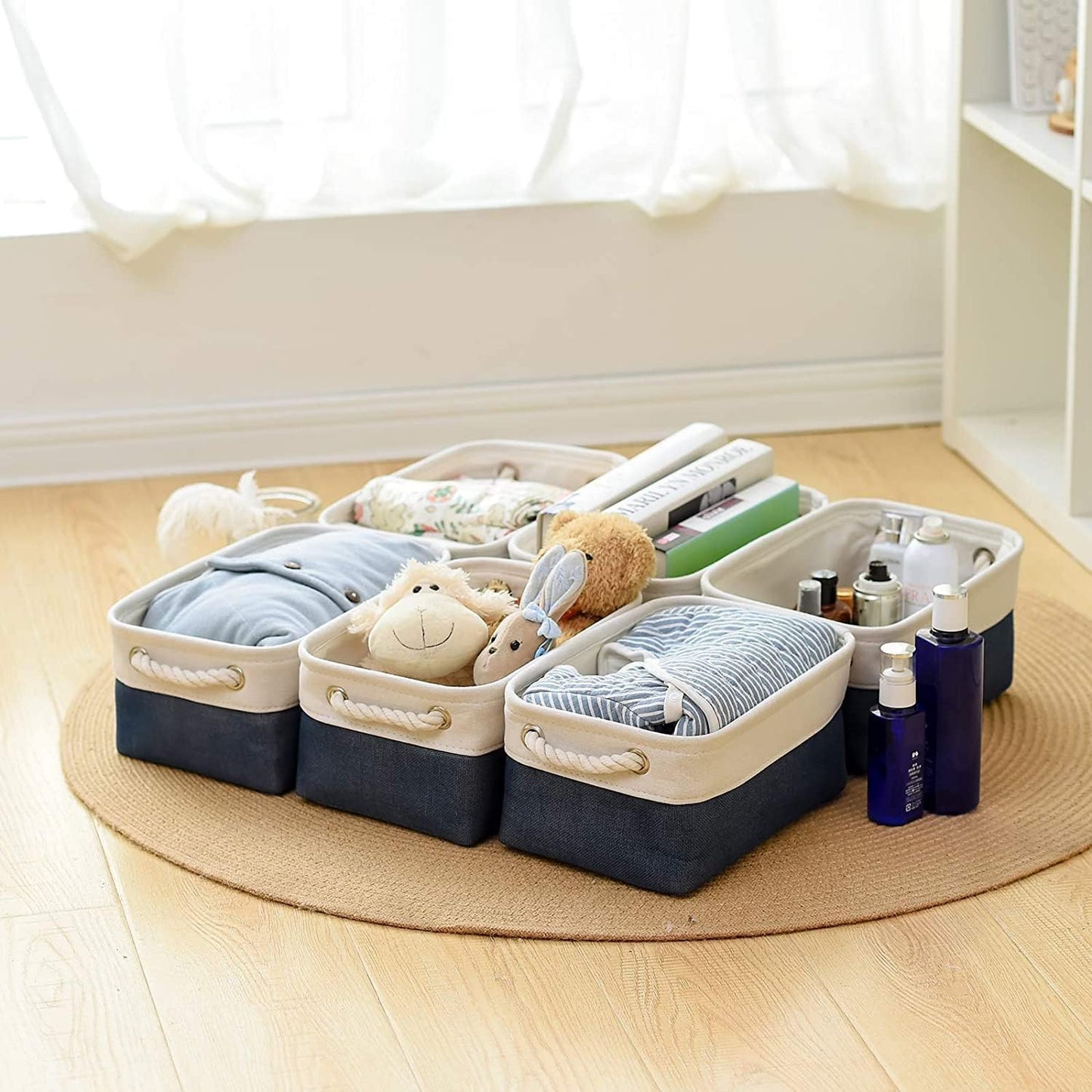 TheWarmHome Storage Basket for Organizing - Small 12x8x5.2 inch 6 Pack Collapsible Storage Bin for Shelves, Canves Storage Cubes for Organizer Cloth Box Gift Toys Closet (White & Jean Blue)