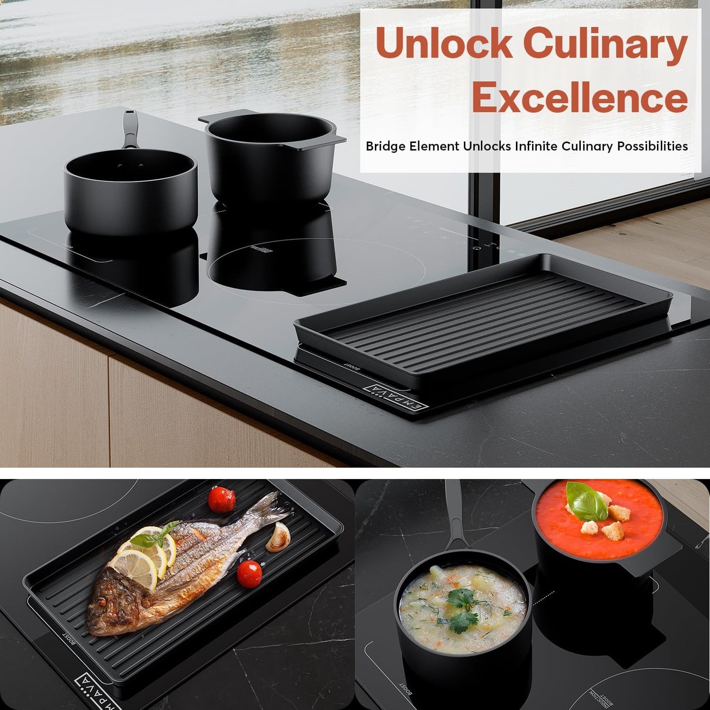 Empava 36 Inch Electric Induction Cooktop 5 Burners, Flat Glass Top Stove with Bridge Function, Timer, Pause, Child Lock, Booster, Slider Level Control, Shutdown, Auto Pan Detection, Black