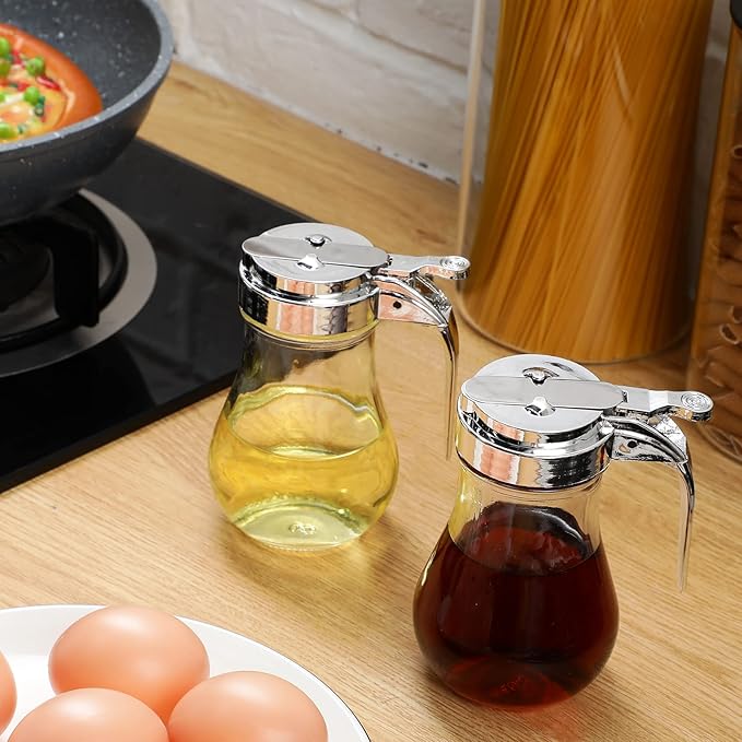4 Pack Syrup Dispensers Glass Honey Jar Bottle Maple Sugar Dispenser 6 oz Retracting Spout Syrup Containers Pitcher For Milk Coffee Home Restaurant Kitchen Bar Oil Condiment (Simple Style)