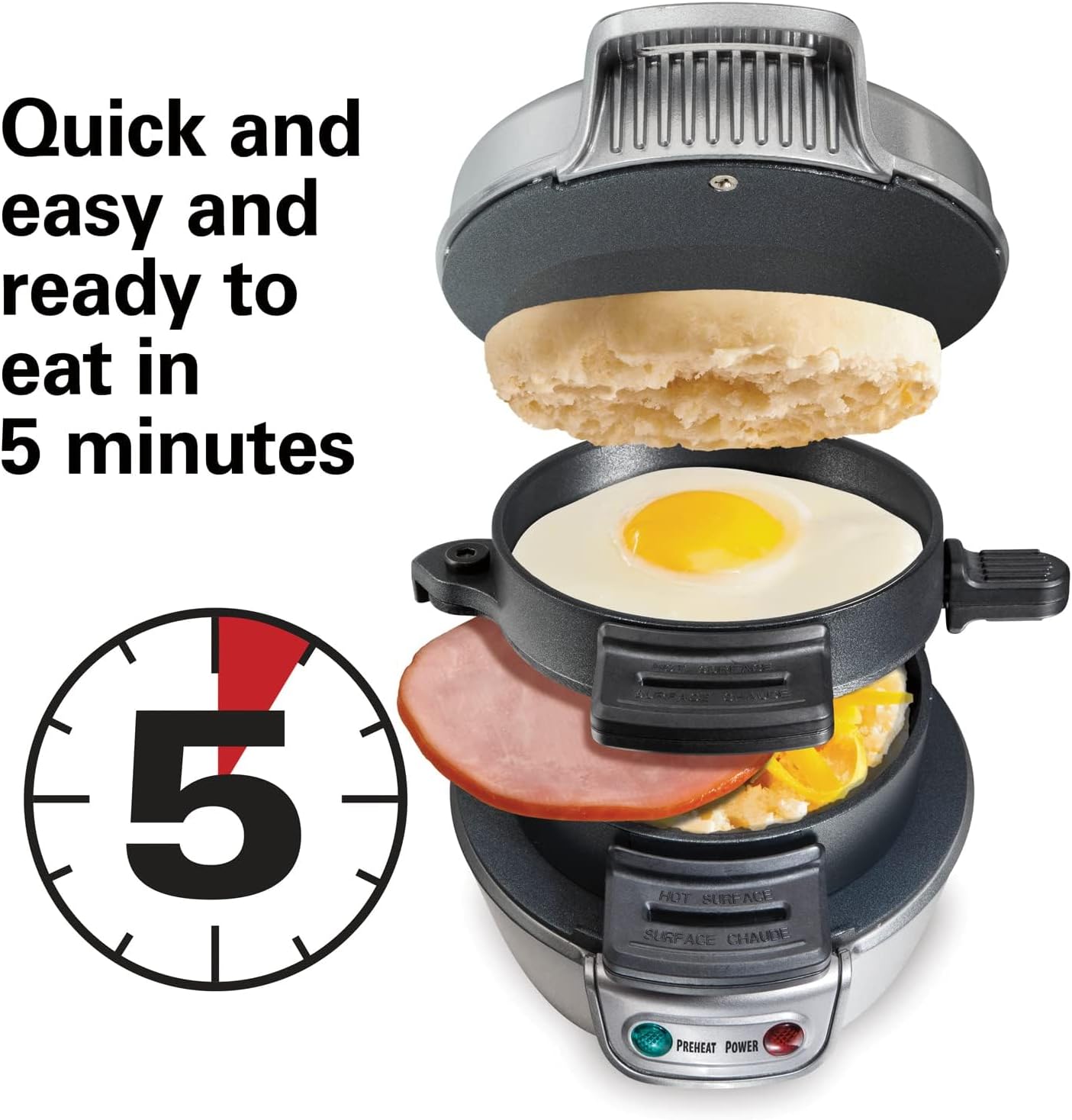 Hamilton Beach Breakfast Sandwich Maker with Egg Cooker Ring, Customize Ingredients, Perfect for English Muffins, Croissants, Mini Waffles, Perfect White Elephant Gifts, Silver (25475)