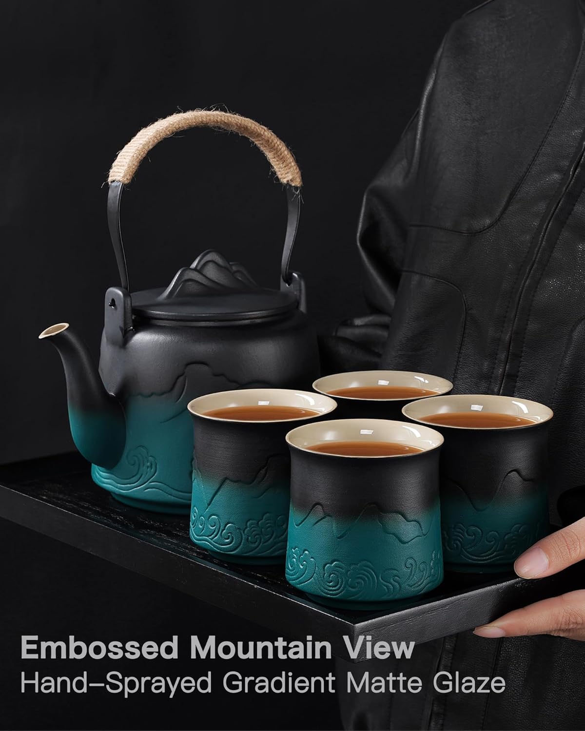 ZENS Vintage Japanese Tea Set, Gradient Embossed Ceramic Japanese Teapot with 4 Teacups, Hemp Rope Handle 33.8 oz Loose Leaf Teapot with Built-in Strainer for Tea Steeper Gifts, Black & Green