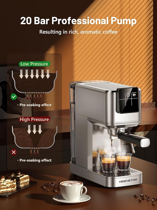 KEENSTAR 20Bar Espresso Machine with Rapid Cold Brew, Hot & Iced Coffee Machine, Espresso Maker with Milk Frother Steam Wand, Touch Screen with 40oz Water Tank for Latte, Cappuccino, Gift