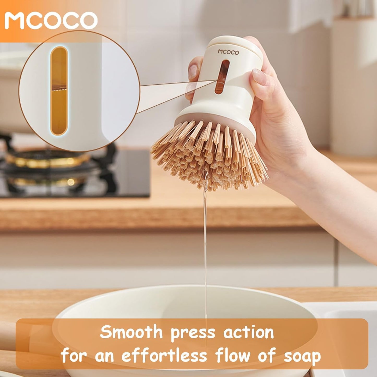 Dish Brush Set with Soap Dispensing Palm Brush Dish Scrub Brush with Soap Dispenser Palm Dish Brush Kitchen Cleaning Brush with Ergonomic Long Handle for Cleaning Sink, Pot, Pan, Stove, White