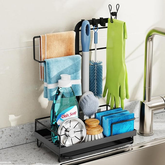 GSlife Sink Caddy Kitchen Sink Organizer - Large All-in-One Sponge Holder with Towel Holder, Rust Resistant Countertop Caddy with Drip Tray and Hooks for Brush, Gloves, Drying Hanger, Black