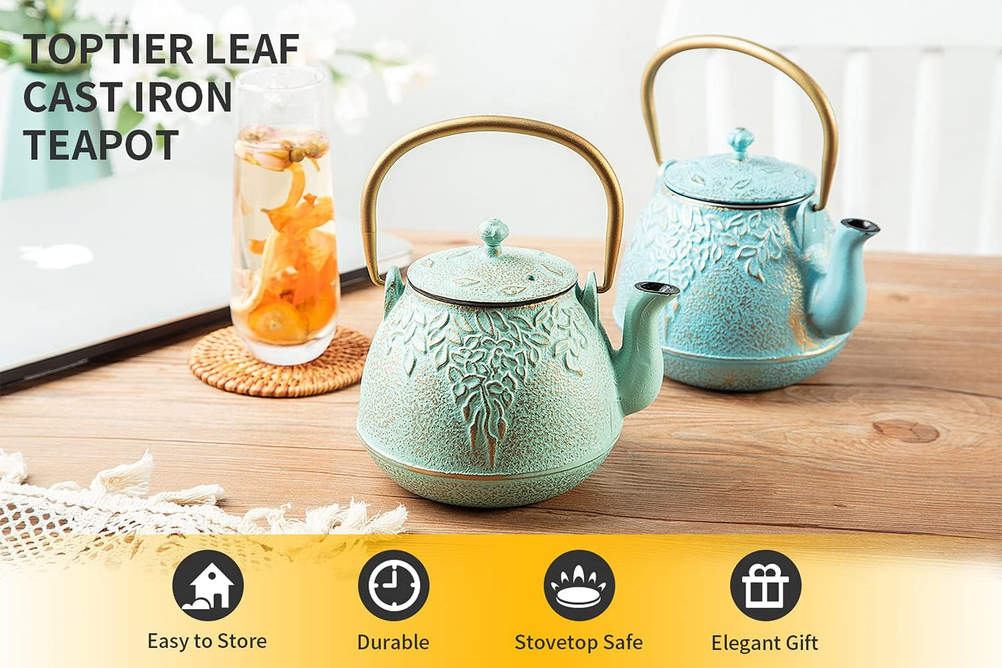 Toptier Tea Kettle for Stove Top, Cast Iron Teapot Stovetop Safe with Infusers for Loose Tea, 54 oz, Light Green