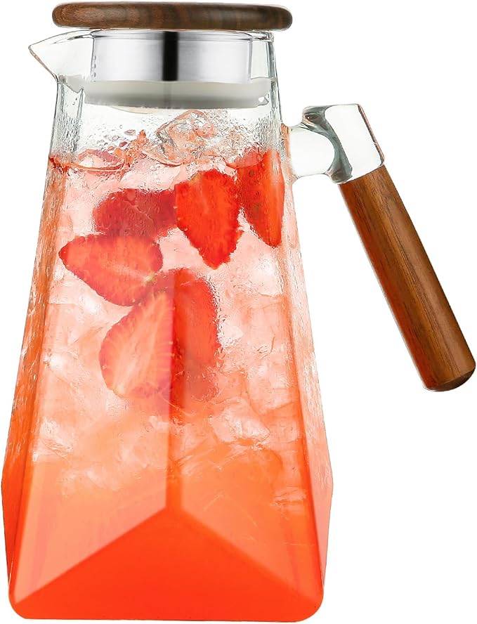 1.8 Liter 60 oz Glass Pitcher with Wooden Lid & Handle - Heat-Resistant Borosilicate Jug with Trident Star Design, Perfect for Iced Tea, Lemonade, Cold Brew & Party Drinks (Clear, 60 oz)