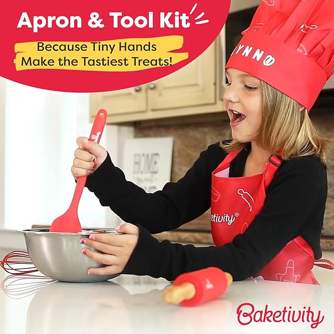 Baketivity Kids Chef Hat and Apron Set for Boys & Girls - One Size Fits All (Adjustable) - Premium, Washable Apron and Hat Set for Cooking - Young Chefs & Junior Bakers Chef Outfit for Kids