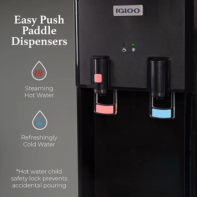 Igloo Top Loading Water Cooler with Removable Tray & Energy-Saving Features - Water Tower with Hot, Cold Temperature Settings- Water Dispenser Fits 3 & 5-Gallon Jugs with Child Safety Lock- Stainless