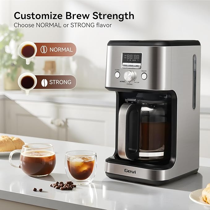 Gevi 14-Cup Programmable Coffee Maker, Drip Coffee Machine with Normal & Strong Brew for Home and Office, Glass Carafe, 2-Hour Keep Warm, Pause & Serve, Auto Shut Off, Silver