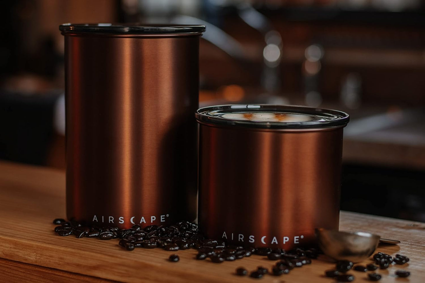 Planetary Design Airscape Stainless Steel Coffee Canister | Food Storage Container | US Patented Airtight Lid | Push Out Excess Air Preserve Food Freshness (Small, Brushed Copper)