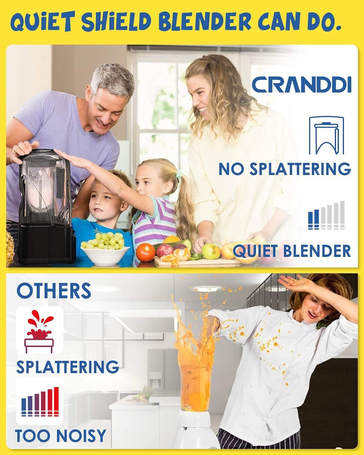 CRANDDI Quiet Commercial Blender with Soundproof Shield, 2200 Watt Professional Blenders for Kitchen with 80oz Jar and Self-Cleaning, High-Speed Blenders K90 Grey