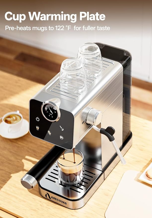 Arecovas Espresso Machine with Milk Frother, 20 Bar Compact Coffee Machine with Touch Screen & 41oz Water Tank for Home Use, Stainless Steel Espresso Coffee Maker for Americano, Cappuccino, Latte