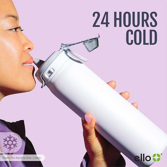 Ello Pop & Fill 22oz Stainless Steel Water Bottle with Quick Fill Technology, Double Walled and Vacuum Insulated Metal, Leak Proof Locking Lid, Sip and Chug, Reusable, BPA Free, Pastel Paradise